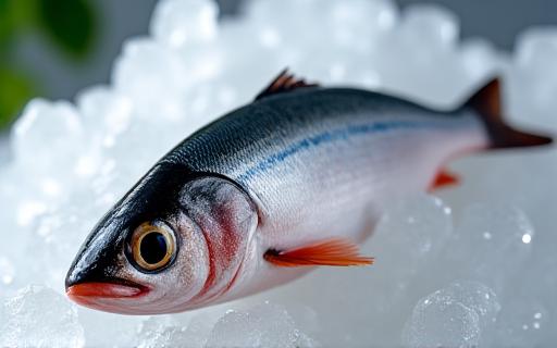 魚市場の氷の上に横たわる、新鮮で輝く一匹の魚